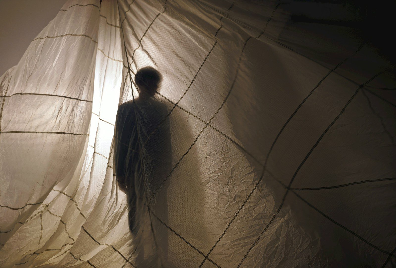 Person's dark silhouette visible through a backlit, grid-patterned white fabric.